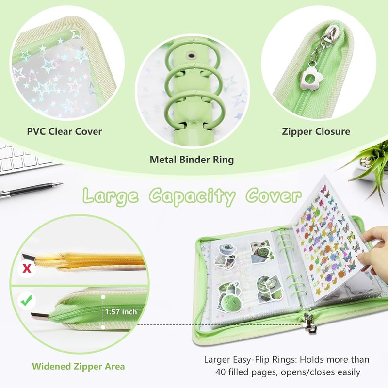 Ruatu Sticker Organizer Binder - Reusable Sticker Collecting Book Storage Album Holder with Pocket Pages A5 Zipper Cover Collection Container (Green) - Image 2